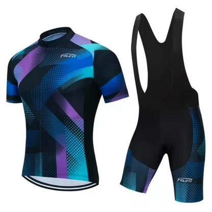 Cycling jersey and trousers set in a technical fabric, shown in multiple colour styles for summer riding.