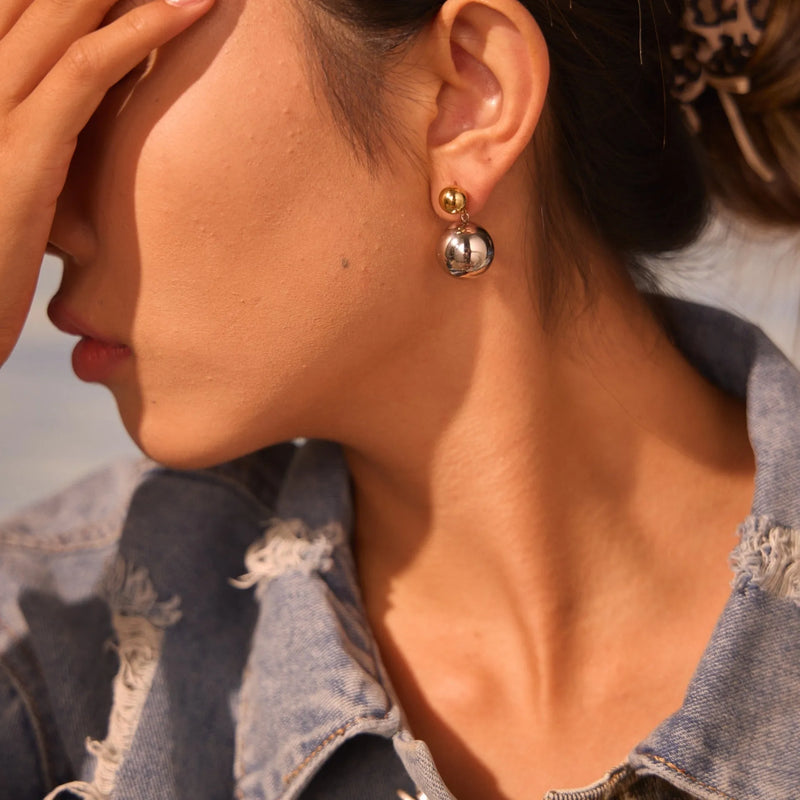 Stainless steel geometric ear studs in colour-block design, 18K purity round beads, electroplated women's fashion ear jewellery suitable for office wear or casual style