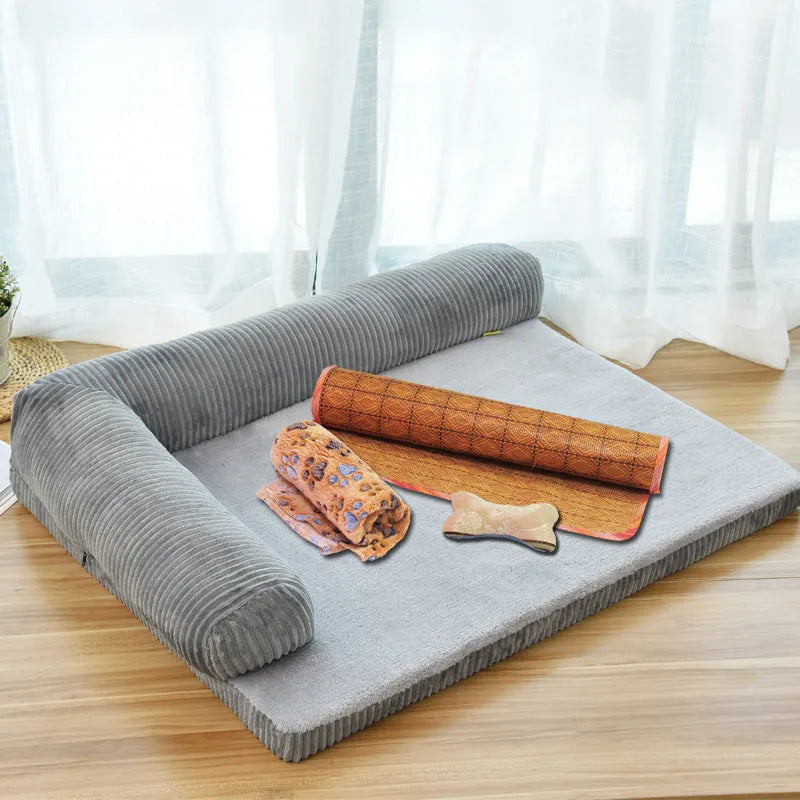 Corduroy pet sofa bed in red colour with high-density sponge padding and non-slip base