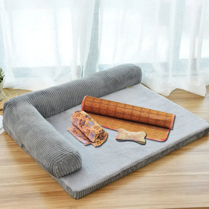 Corduroy pet sofa bed in red colour with high-density sponge padding and non-slip base