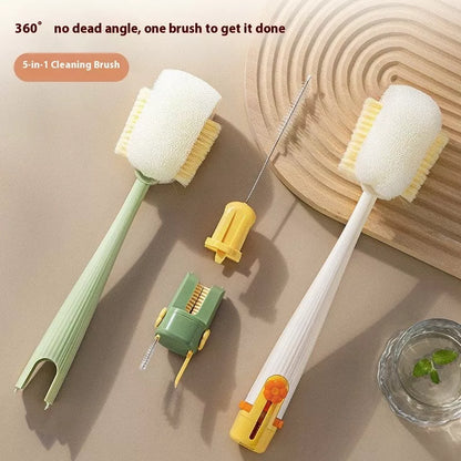 5-in-1 cup cleaning tool with long handle and sponge brush in cream white and dark green