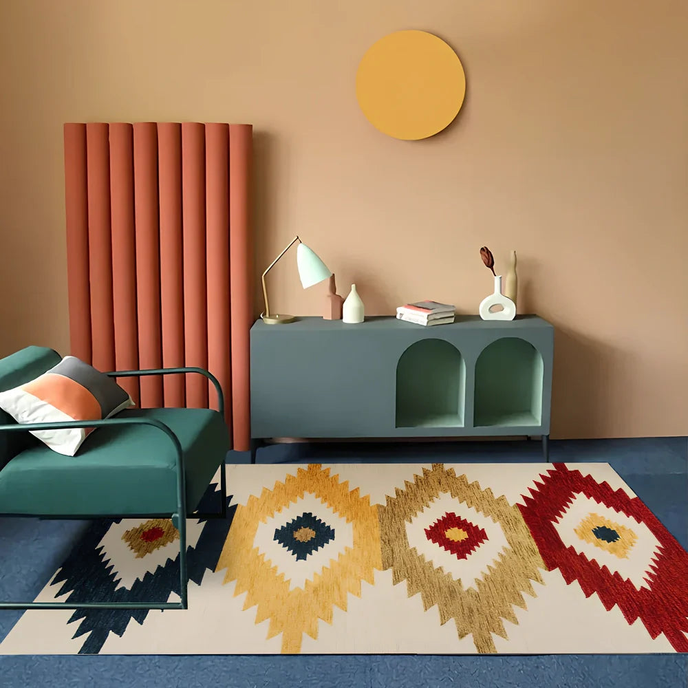 Rectangular boho-style polyester rug in various colours and sizes, machine-woven for consistent texture