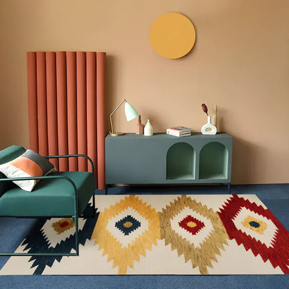 Rectangular boho-style polyester rug in various colours and sizes, machine-woven for consistent texture