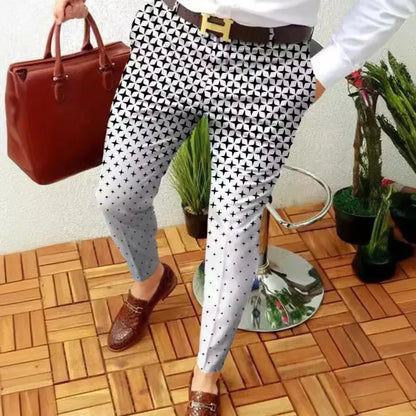 Man wearing slim-fit straight-leg plaid trousers with a 3D printed pattern and a casual shirt.