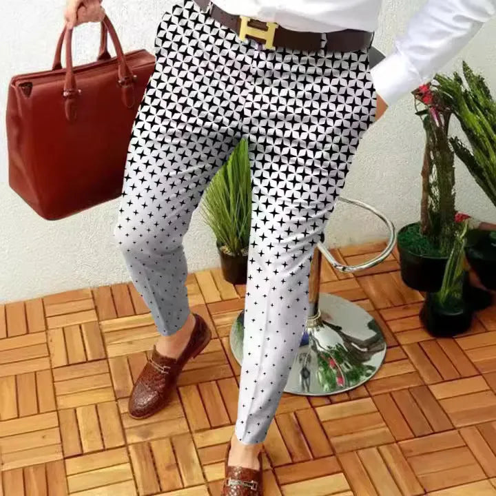 Men's 3D printed slim-fit plaid casual trousers with micro-elastic fabric for a tailored look and comfortable movement in autumn and winter