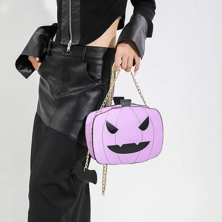 Halloween Cartoon Pumpkin Shoulder Bag in various colors with adjustable chain strap