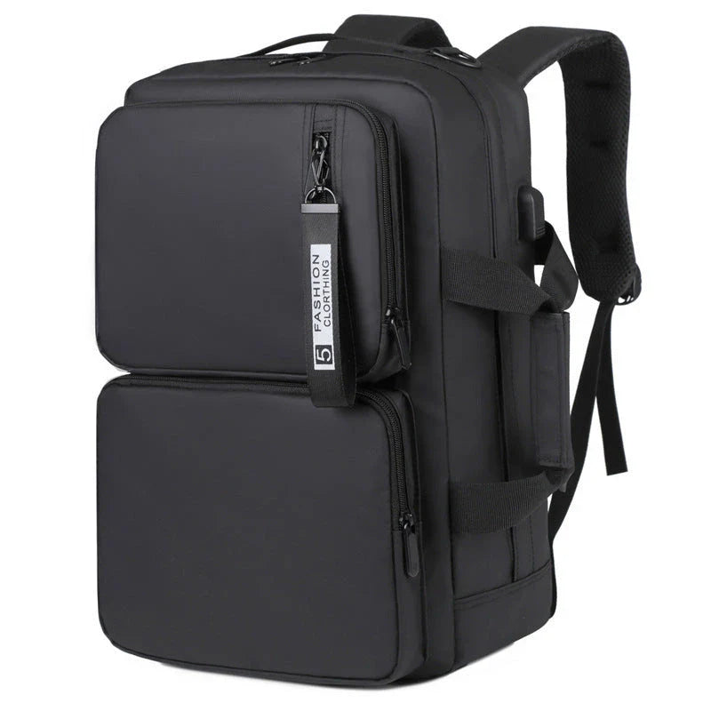Versatile business laptop backpack with large capacity, USB charging port, and stylish design in gray and black colors