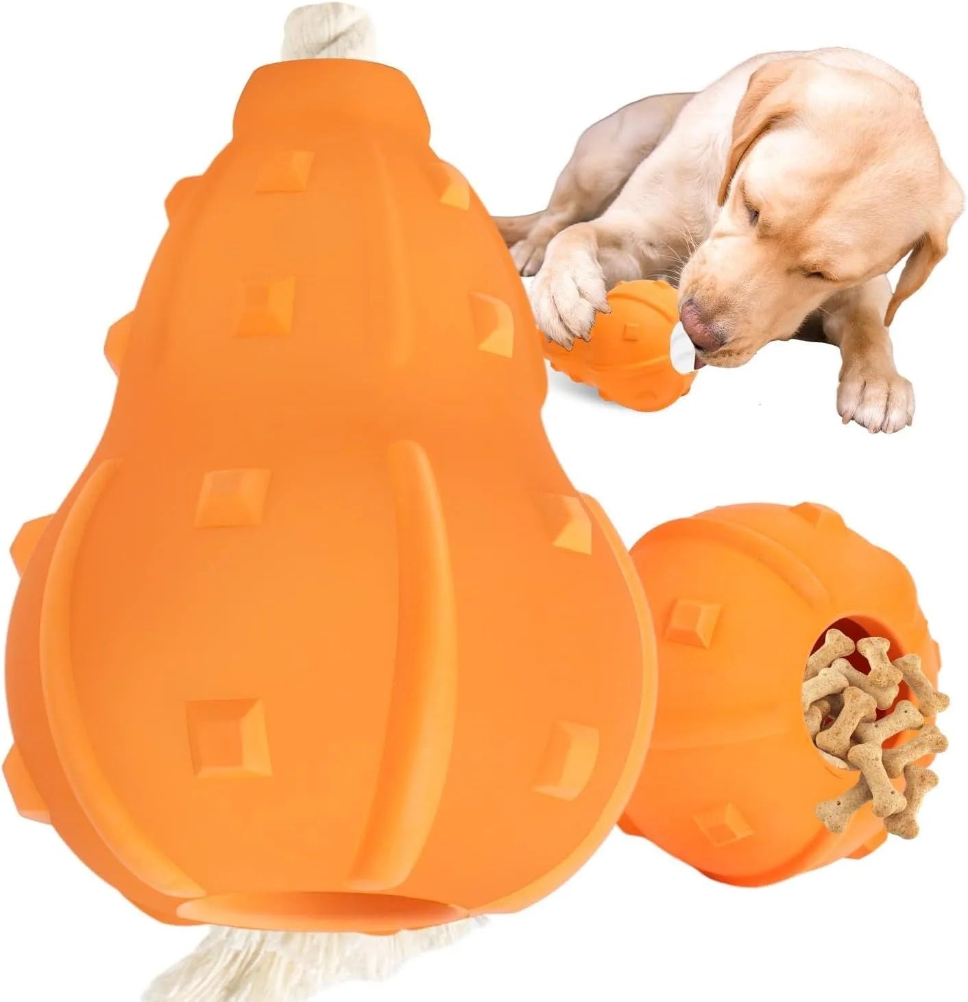 Stuffable dog toy with hollow interior for treats, natural rubber and cotton construction, 30cm length, for small medium breeds