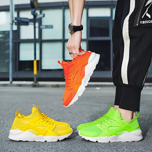 Men's low top casual shoes in fluorescent red mesh with cross straps and round toe