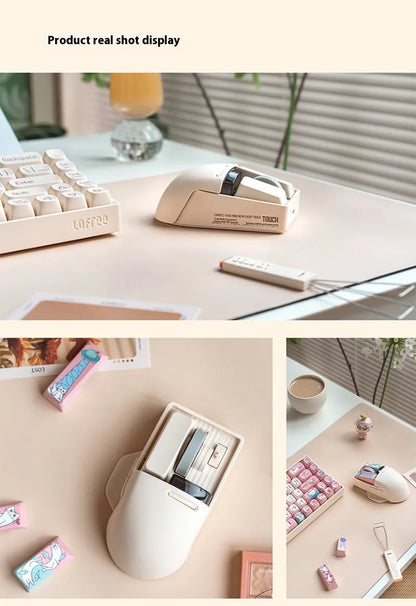 Xiaoqiao wireless mouse in tofu colour with ergonomic shape and four-way roller on desk