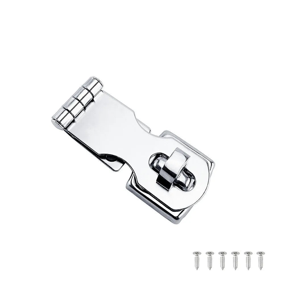 Silver stainless steel lock latch bolt with mirror finish for doors and cabinets.