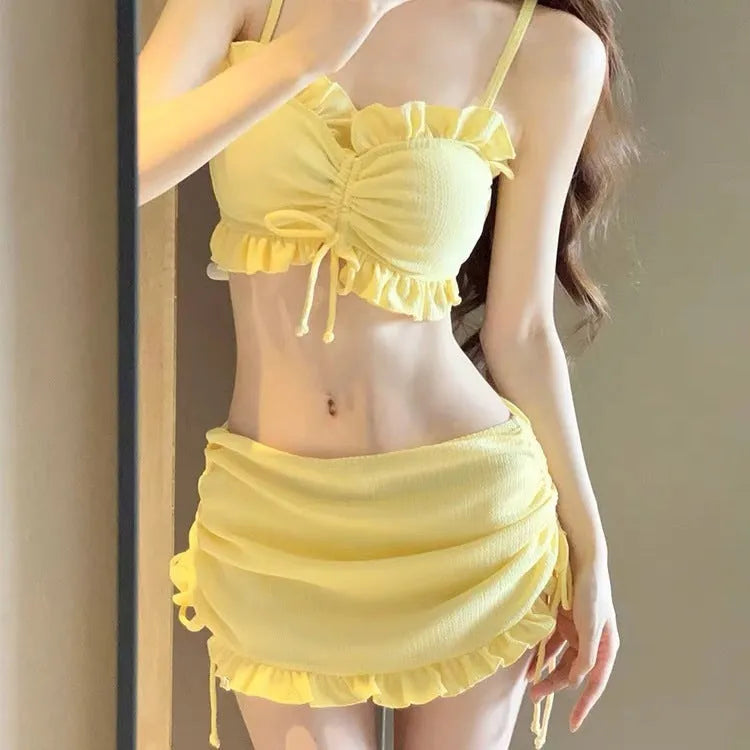 Fashion Personality bikini split swimsuit for women in milk silk fabric, showing top and pants in solid colour