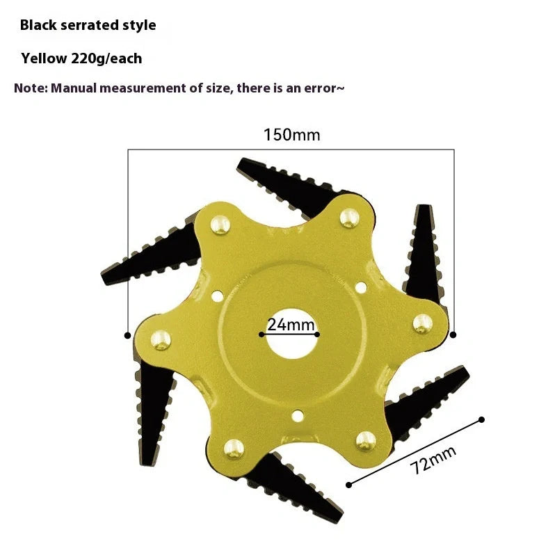 Agricultural alloy six-leaf knife grass head with black flat tooth blades and 28cm cutting diameter