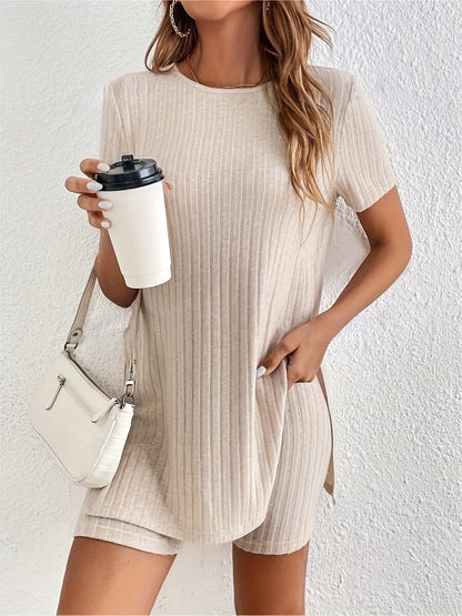 Women's cotton crew neck short sleeve shorts suit in black, grey or khaki with ribbed texture details