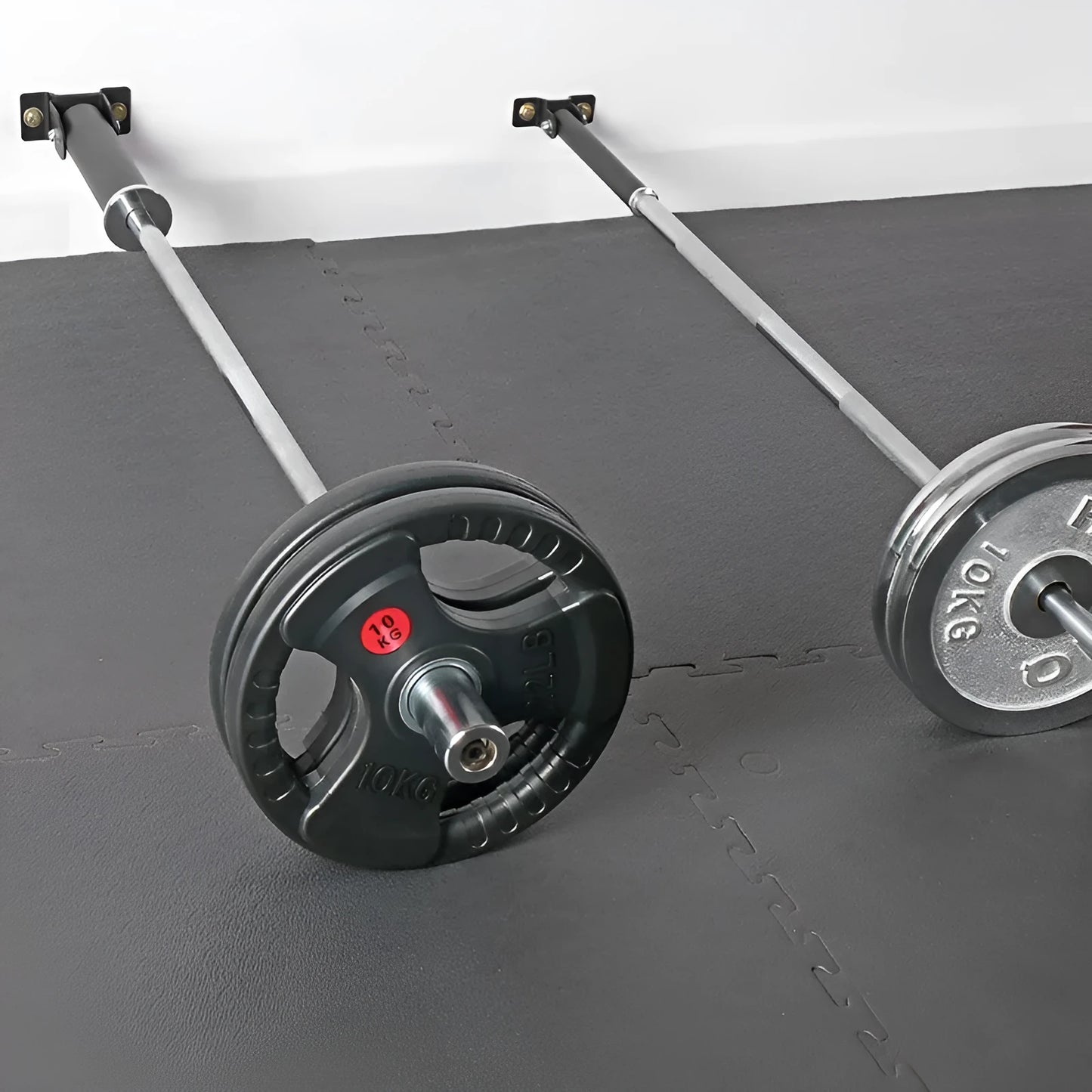 Wall barbell gun barrel rack with 25 steel pipe tubes for storing barbell rods, showing inner diameter options