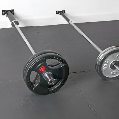 Wall barbell gun barrel rack with 25 steel pipe tubes for storing barbell rods, showing inner diameter options