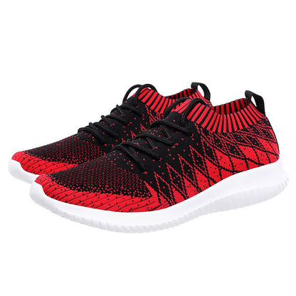 Men's Flying Woven Sneakers with breathable Flyknit upper in dark gray, red, and light gray