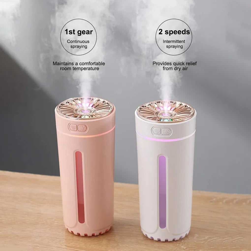 Black wireless car humidifier with colourful LED lights shown in vehicle cup holder