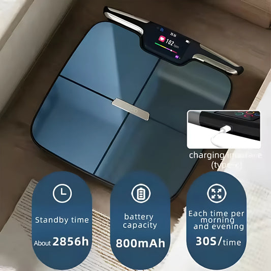 Black eight-electrode intelligent body composition weighing scale on a floor.