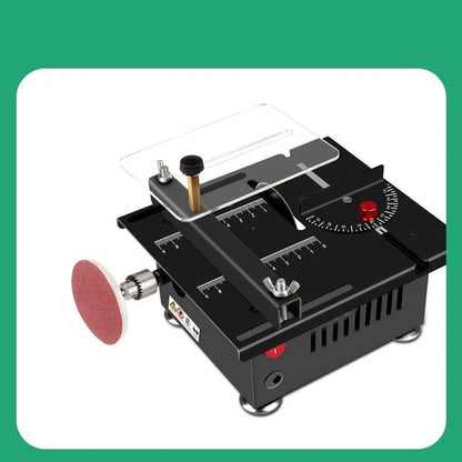 Lithium-ion battery-powered handheld desktop saw with metal body on a workbench.