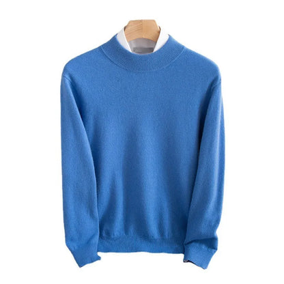 Men's half-collar wool sweater in loose fit with rough yarn texture, shown in winter business style