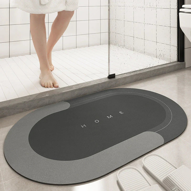 Plush bath mat with rectangle or oval design in various colors and sizes for bathrooms with sliding doors