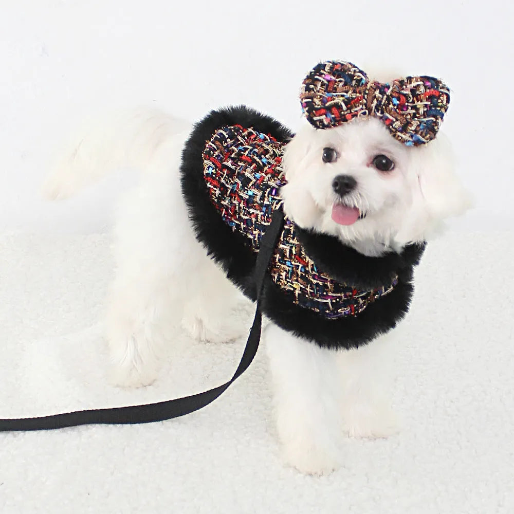 Classic style dog lead with cloth cloak, shown in beret, bow, and plain cloak options.