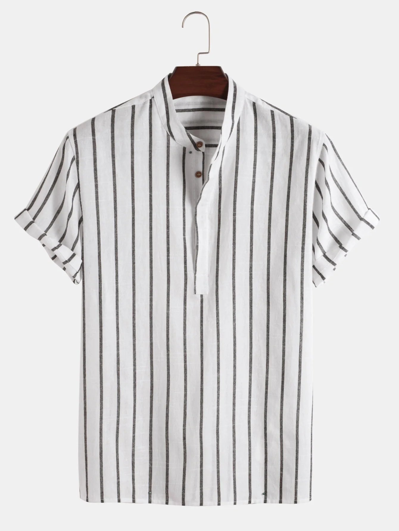 Men's striped short sleeve cotton shirt in white, red, gray, and blue