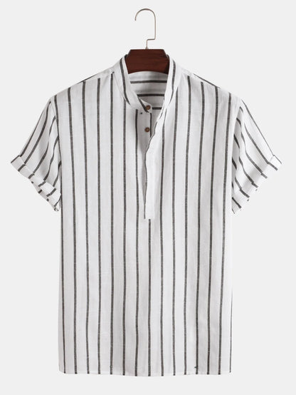 Men's striped short sleeve cotton shirt in white, red, gray, and blue