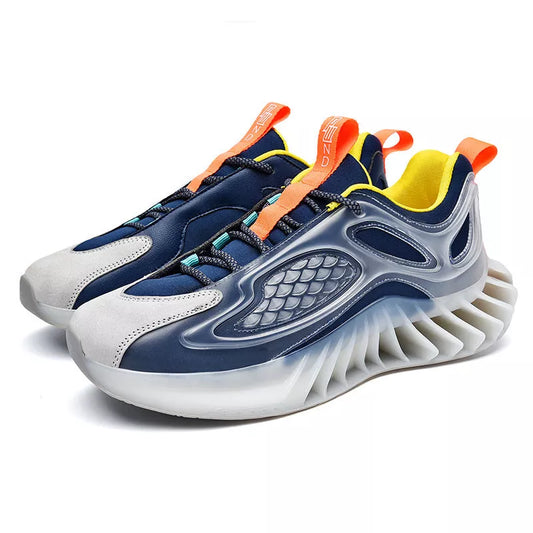 Large size blade men's running shoes with hollow out design in white, black, and blue orange