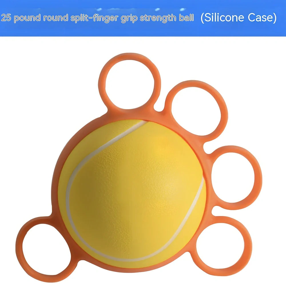 Blue four-finger grip training ball showing 10x9cm spherical design with silicone sleeve