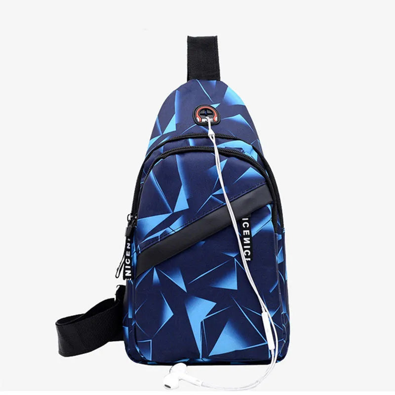 Men's sling chest bag in blue with earphone hole, crossbody strap, and zipper pockets, measuring 17cm wide.