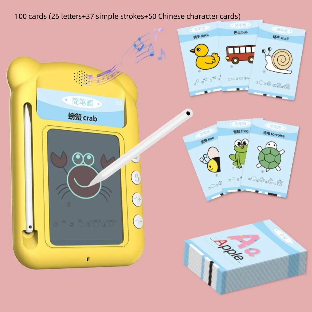 Yellow ABS bilingual card early learning machine for toddlers with educational cards.