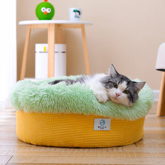 Cozy and comfortable plush pet nest in a round, pineapple-inspired design for deep, undisturbed sleep