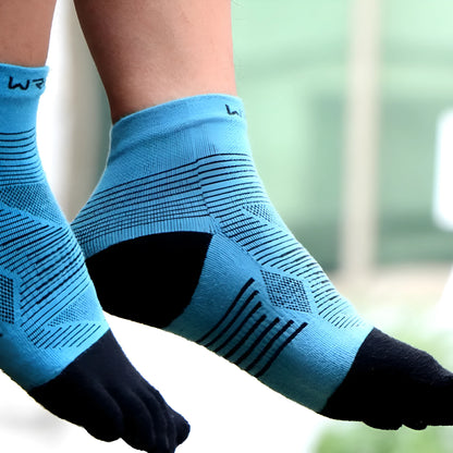 Professional unisex sports toe socks in Coolmax fabric, showing individual toe design and available colour options.