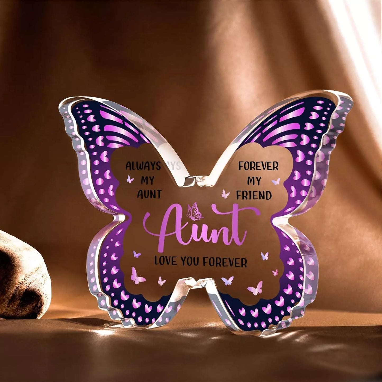 Butterfly-shaped acrylic keepsake with purple wing patterns and personalized message
