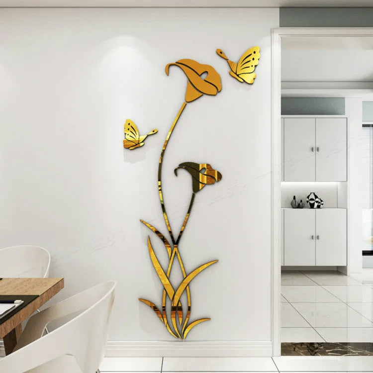 Lily 3D stereo acrylic wall stickers showing size variations and colour options including metallic finishes