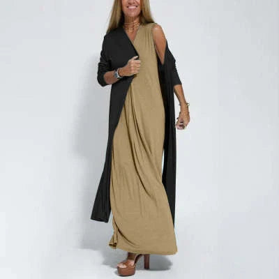 Women's V-neck sleeveless dress and long cardigan jacket set in solid colors