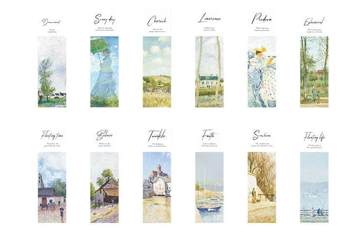 Pack of 30 white cardboard bookmarks with four artistic designs, measuring 40 by 150 millimetres.