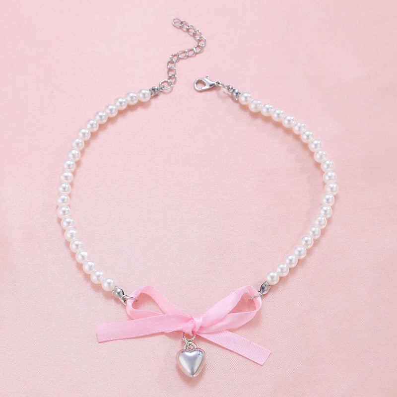 Love Heart Bow Tie Clavicle Chain Necklace with Pearl Inlay, Electroplated Mixed Material, Sweet Style Collarbone Jewellery in White K Love 028 and White K Bow 026