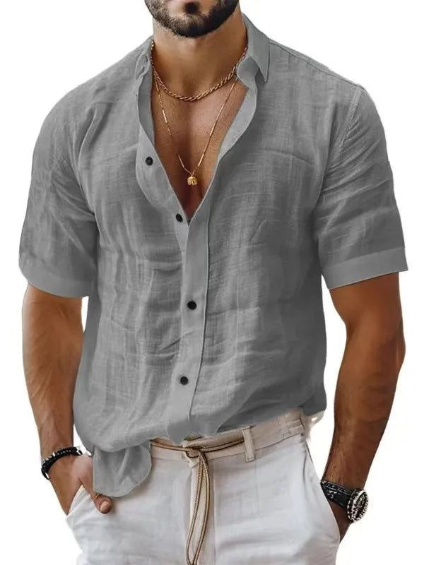 Men's short sleeve lapel shirt in cotton linen blend available in multiple solid colours