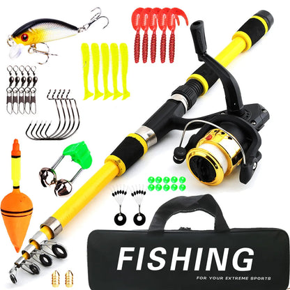 Children's fishing rod and reel set with pole, wheel, and bait accessory box in blue colour