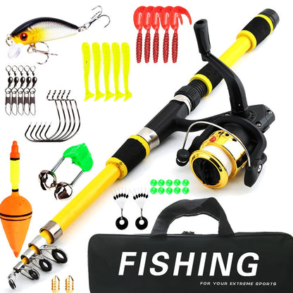 Children's fishing rod set with pole and wheel in four colour options including bait accessory box