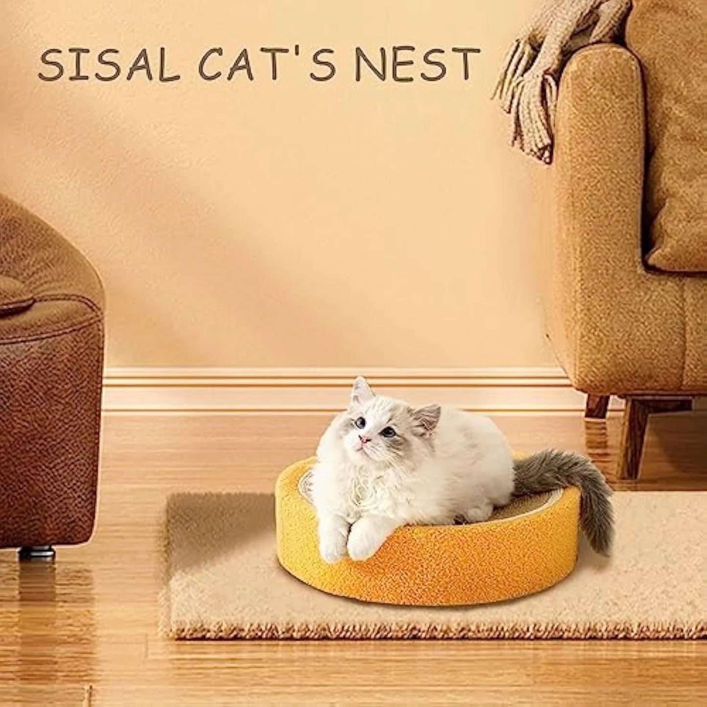 Round yellow cat scratching board with sisal surface measuring 390mm diameter, concave centre for cat sleeping
