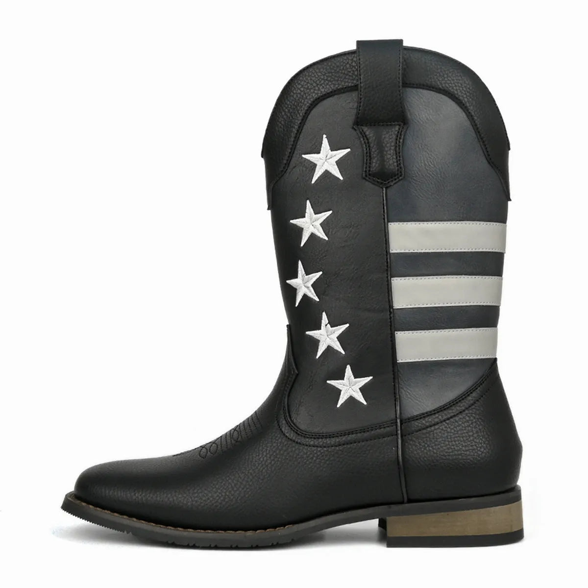 Men's black cowboy boot with five-pointed star design and low square heel