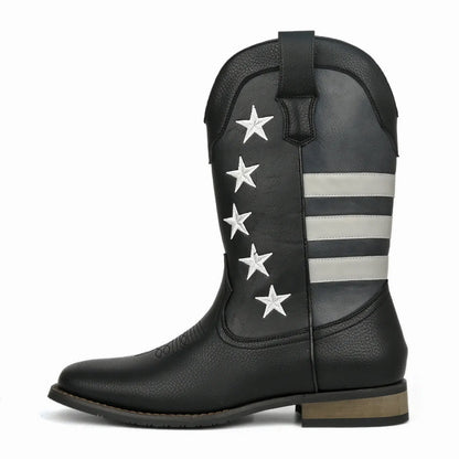 Men's black cowboy boot with five-pointed star design and low square heel
