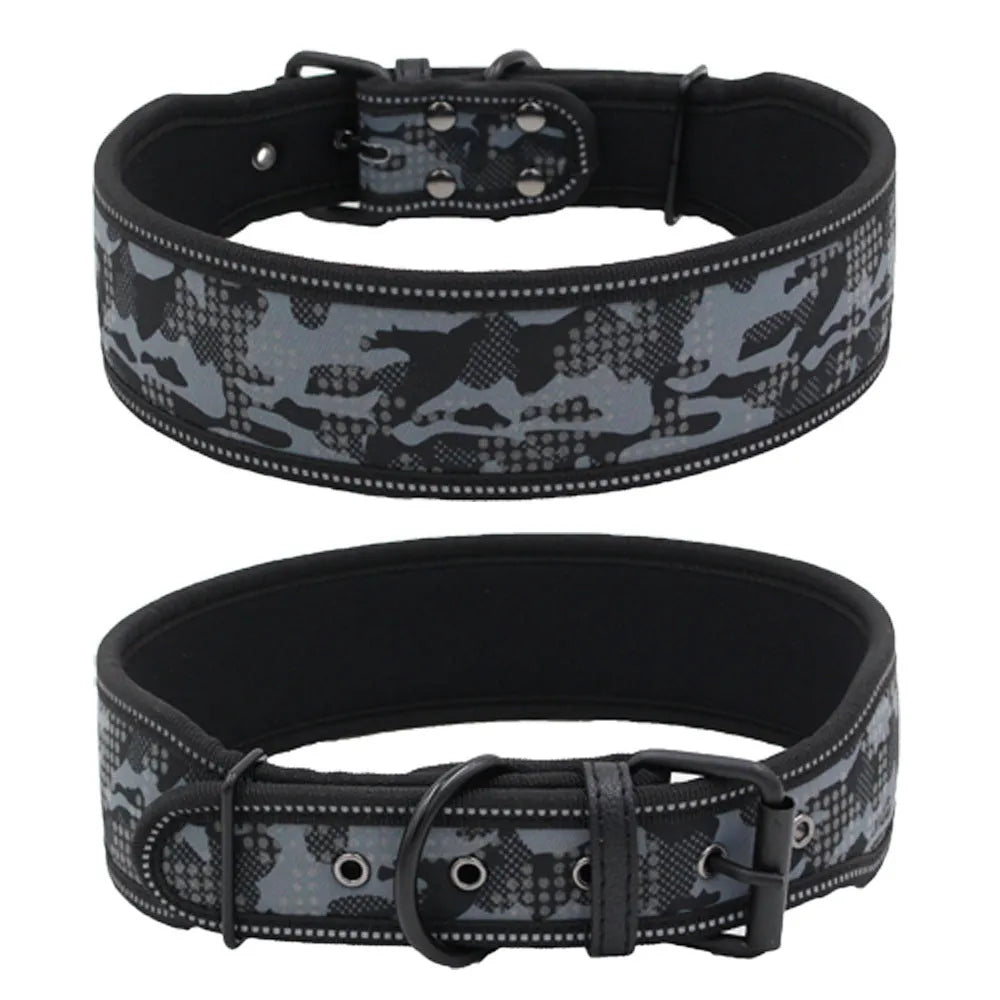 Reflective camouflage nylon dog collar in blue, black, red, or grey, sizes S 46cm, M 56cm, L 66cm, with optional matching lead