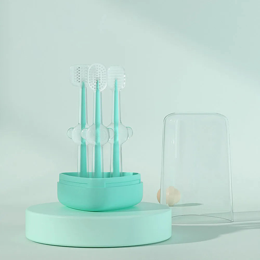 Silicone pet toothbrush with long handle in blue, green, and purple colour options