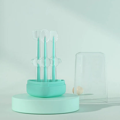Silicone pet toothbrush with long handle in blue, green, and purple colour options