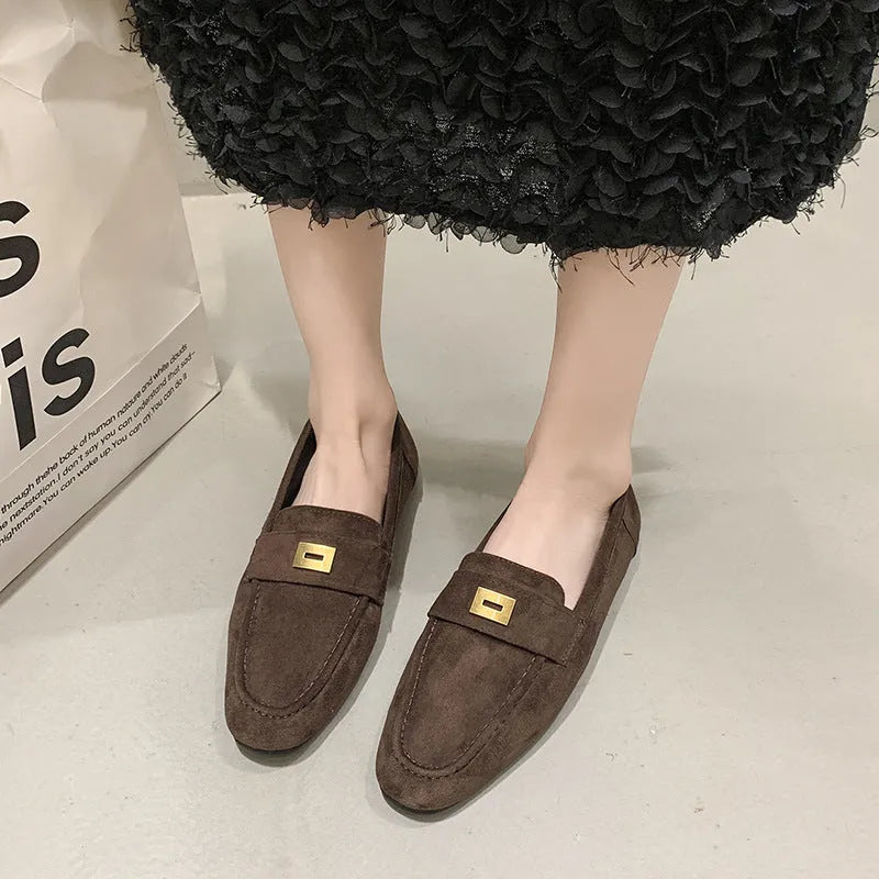 Women's square toe flat loafers in black, khaki, and brown artificial PU, sizes 35 to 40.